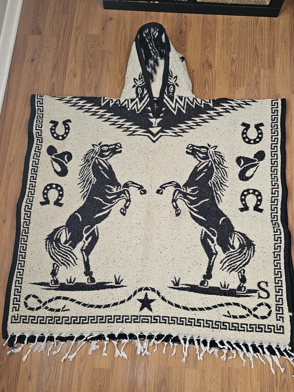 Black and Cream Western Horse Hooded Poncho Throw